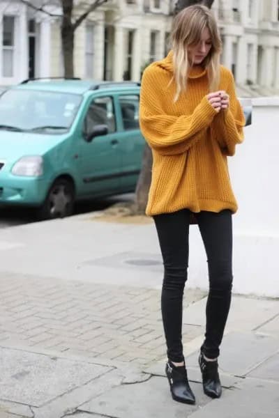 Cowl Neck Chunky Ribbed Sweater with Black Skinny Jeans