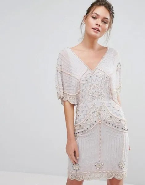 White Batwing Mini Dress with Gold Sequin Details