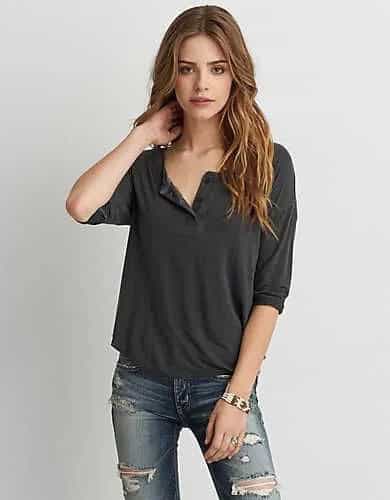 Grey Henley Shirt with Ripped Skinny Jeans