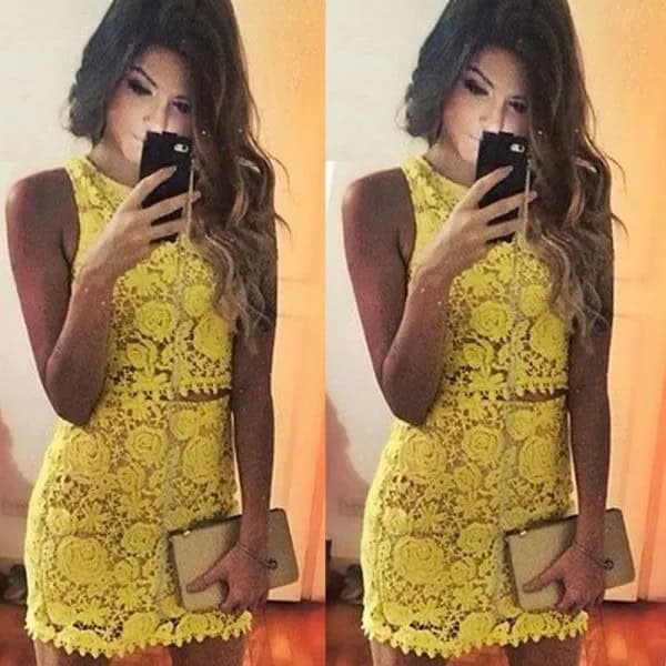 Yellow Lace Mini Two-Piece Sleeveless Dress