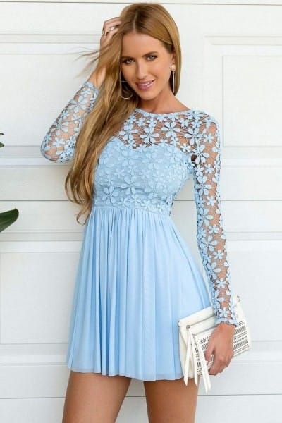 Light Blue Sweetheart Pleated Mini Dress with Floral Mesh Overlay