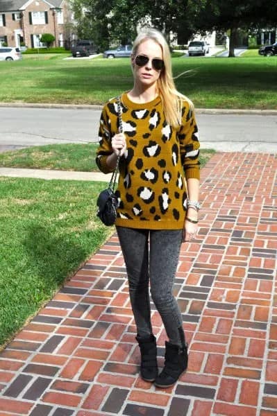 Lime Green and Black Printed Knit Sweater with Grey Leggings & Wedge Shoes