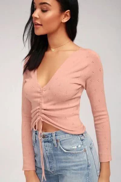 Blush Pink Deep V Neck Ruched Top with Light Blue Mom Jeans