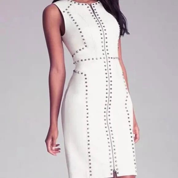 Sleeveless Bodycon Studded White Leather Dress