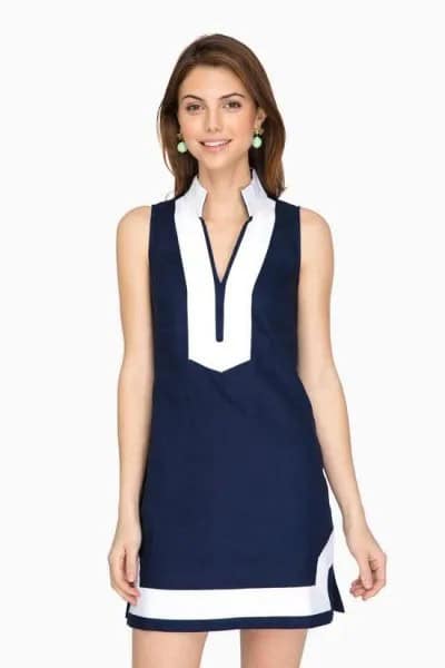 Navy Blue and White Mock Neck Tunic Dress