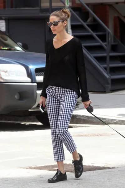 Black V Neck Comfy Sweater with Checkered Pants