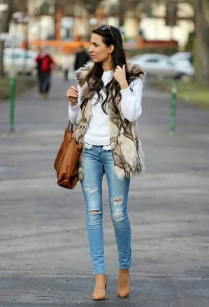 White Knit Sweater with Brown and Black Printed Faux Fur Vest