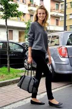 Grey Crew Neck Knit Sweater with Black Skinny Pants & Leather Ballet Flats