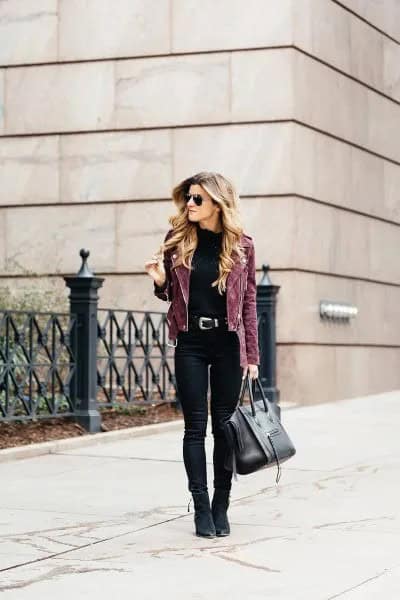 Grey Suede Biker Jacket with Black Skinny Jeans & Suede Ankle Boots