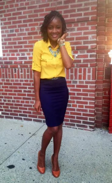 Half Sleeve Button Up Shirt with Statement Necklace & Pencil Skirt