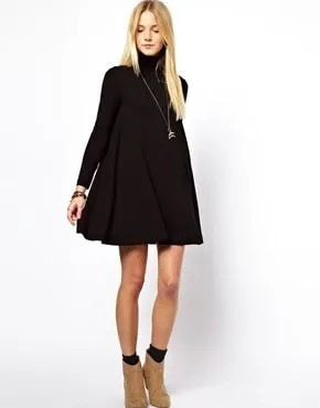 Black Long Sleeve Turtleneck Swing Dress with Camel Boots