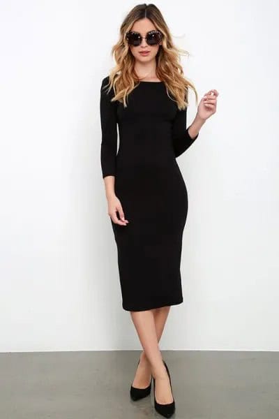 Black Three-Quarter Sleeve Midi Dress with Ballet Heels