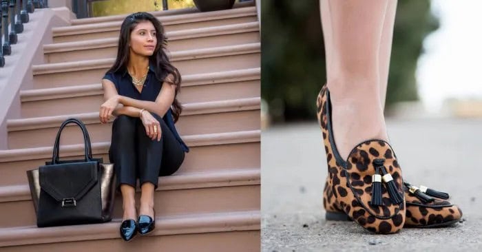 Black Sleeveless V Neck Top with Leopard Print Tassel Loafers