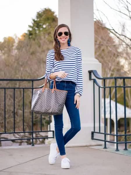 Navy Blue and White Striped Long Sleeve Tee with Skinny Jeans