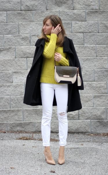 Yellow Chunky Knit Sweater with Black Wool Coat