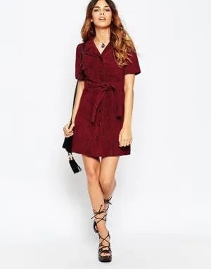 Belted Burgundy Shirt Dress with Black Strappy Heels