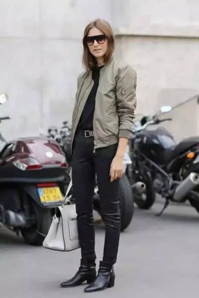 Light Grey Flight Jacket with Black Leather Leggings