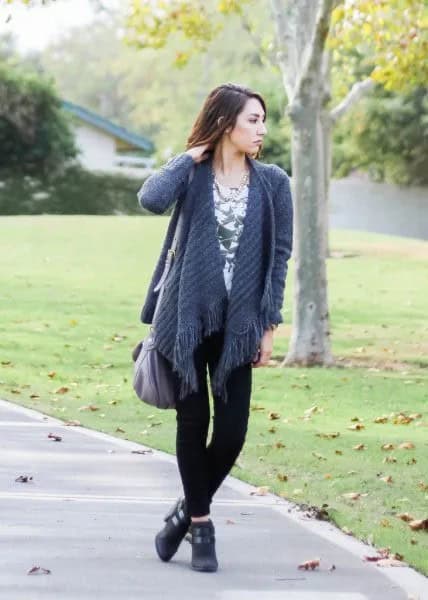 Purple Fringe Knit Cardigan with Black Skinny Ankle Jeans