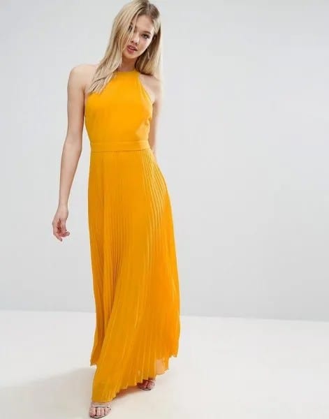 Mustard Halter Neck Maxi Chiffon Pleated Dress