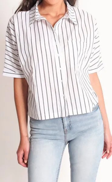 White Batwing Button Up Shirt with Narrow Grey Stripes