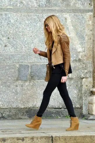 Brown Leather Moto Jacket with Matching Ankle Wedge Boots