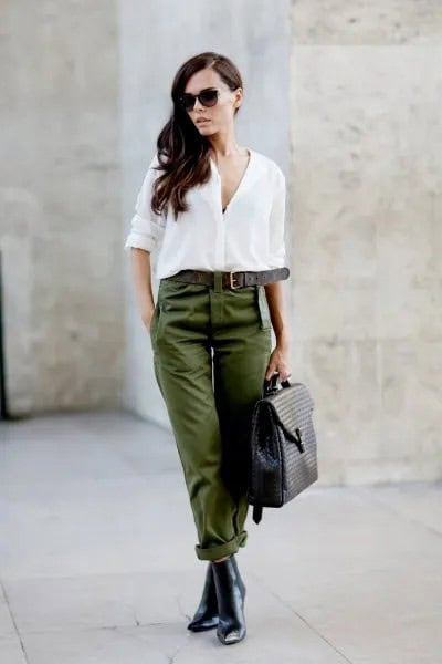 White Chiffon Button Up Blouse with Green Belted Pants & Leather Chelsea Boots