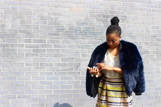 Dark Navy Faux Fur Bomber Jacket with Yellow and Blue High Waisted Midi Skirt