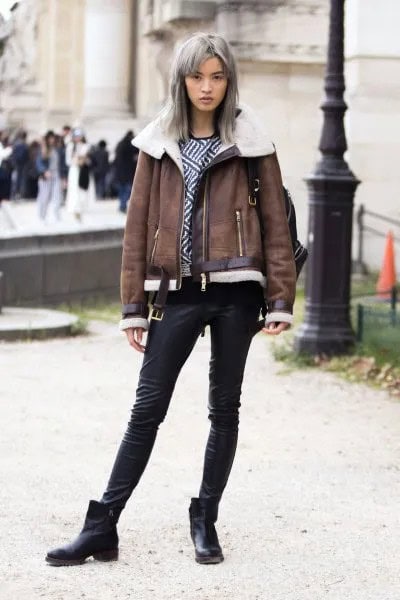 Grey Faux Fur Collar Leather Jacket with Short Leather Boots