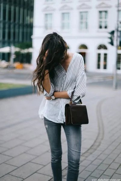 White And Grey Oversized Pinstripe Shirt with Jeans