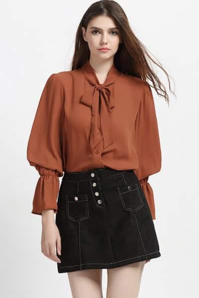 Green Ribbon Bow Puff Sleeve Blouse