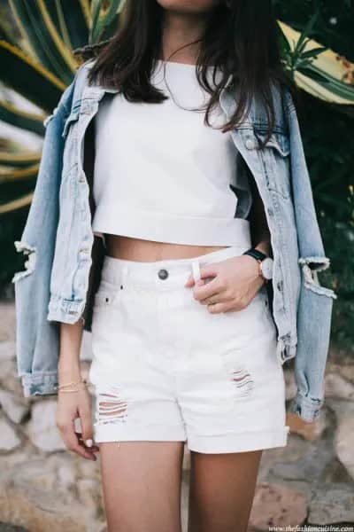 White Cropped Tee with Blue Boyfriend Denim Jacket