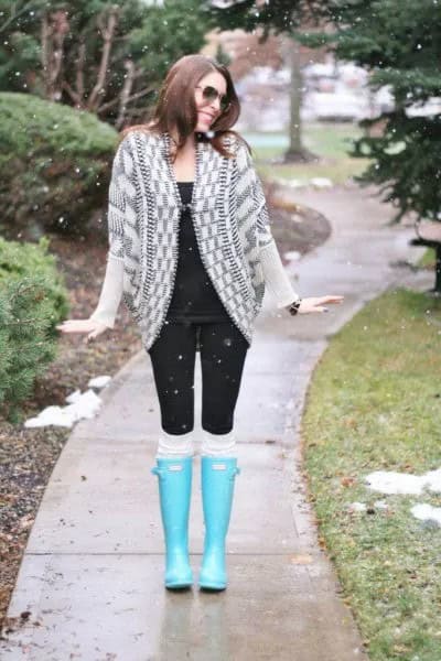 Light Blue Knee High Rain Boots with White Cardigan