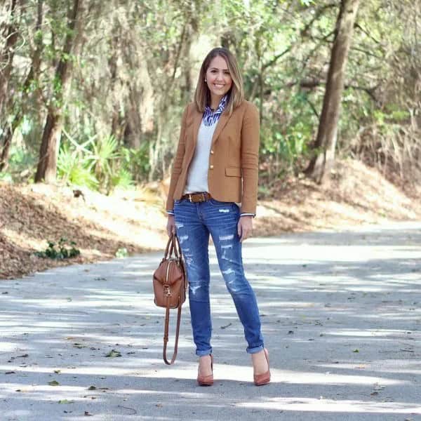 Camel Blazer with Blue Striped Shirt & White Sweater