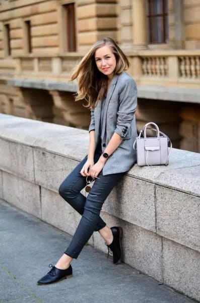 Grey Blazer with Dark Blue Skinny Jeans & Oxford Shoes