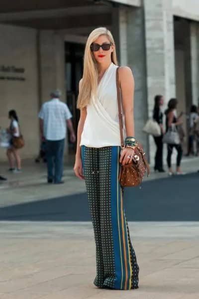 White Sleeveless Wrap Top with Black Polka Dot Silk Pants