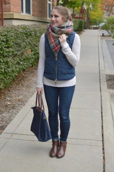 Puffer Vest with Grey Cashmere Scarf & Short Grey Leather Boots