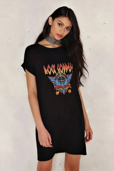 Black Graphic T Shirt Dress with Silver Sequin Choker