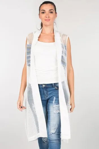 Sleeveless White Mesh Shrug with Ripped Jeans