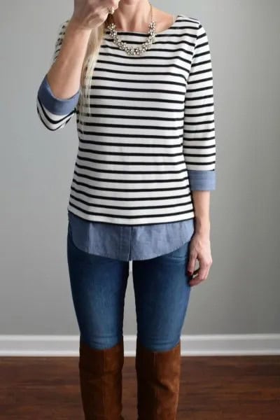 Black and White Striped Boat Neck Top with Chambray Shirt & Thigh High Boots