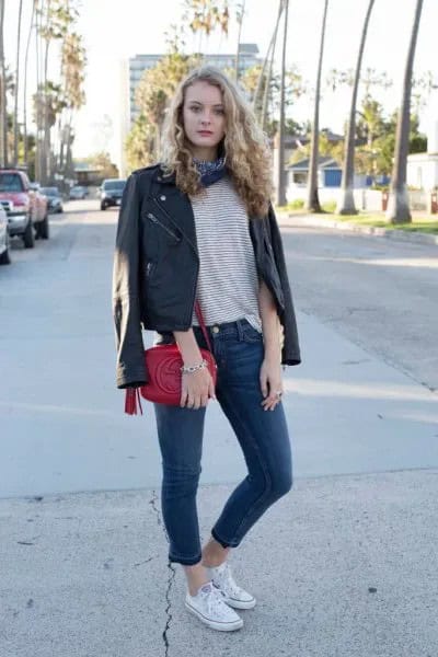 Leather Jacket Over Black and White Striped Tee