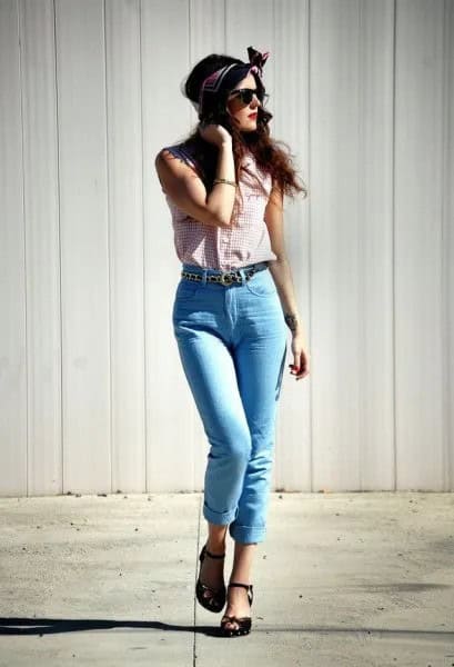 Blush Pink Sleeveless Button Up Shirt with Blue Cuffed Jeans