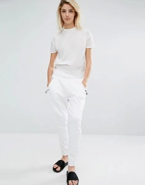 White T Shirt with Matching Pants & Black Slide Sandals