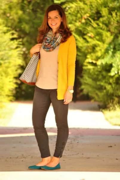 Yellow Cardigan with Grey Sweater & Plaid Scarf