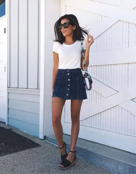 White T Shirt with Mini Skater Denim Button Front Skirt