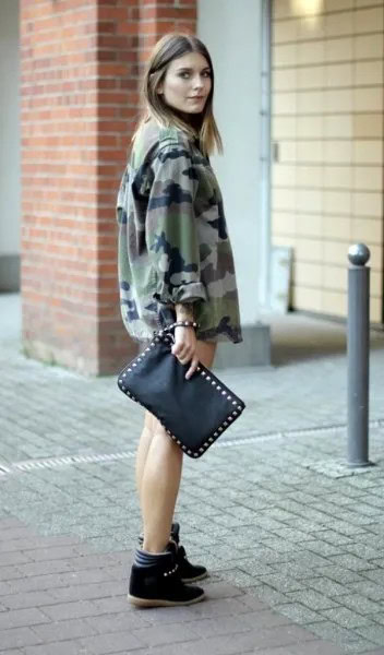 Camo Windbreaker with Mini Denim Shorts & Black Wedge Sneakers