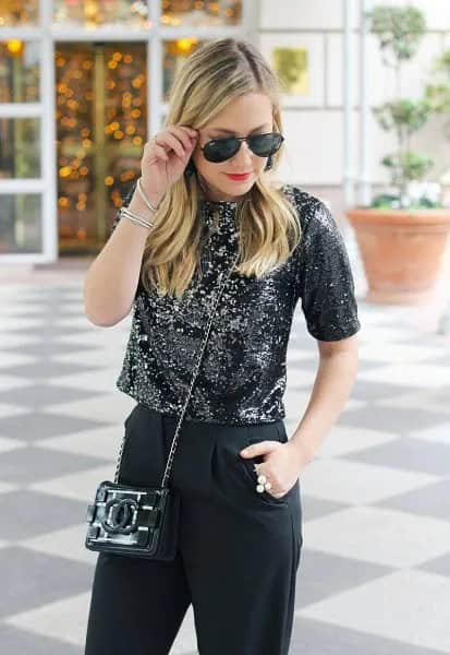 Black Cropped Sequin Top with High Rise Slim Fit Jeans