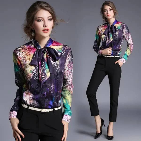 Colorful Floral Printed Ribbon Bow Rayon Shirt