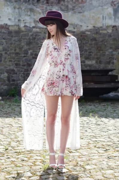 Long Lace Kimono with White Floral Rompers