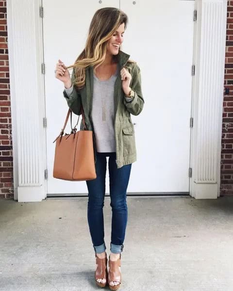 Olive Jacket with Grey Sweatshirt & Cuffed Dark Blue Skinny Jeans