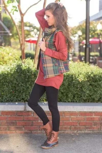 Crepe and Green Plaid Vest Over T Shirt Dress